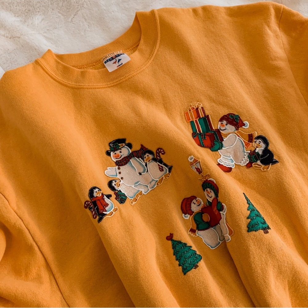 Vintage Handmade Snowman + Penguin Mustard Sweater SZ XL